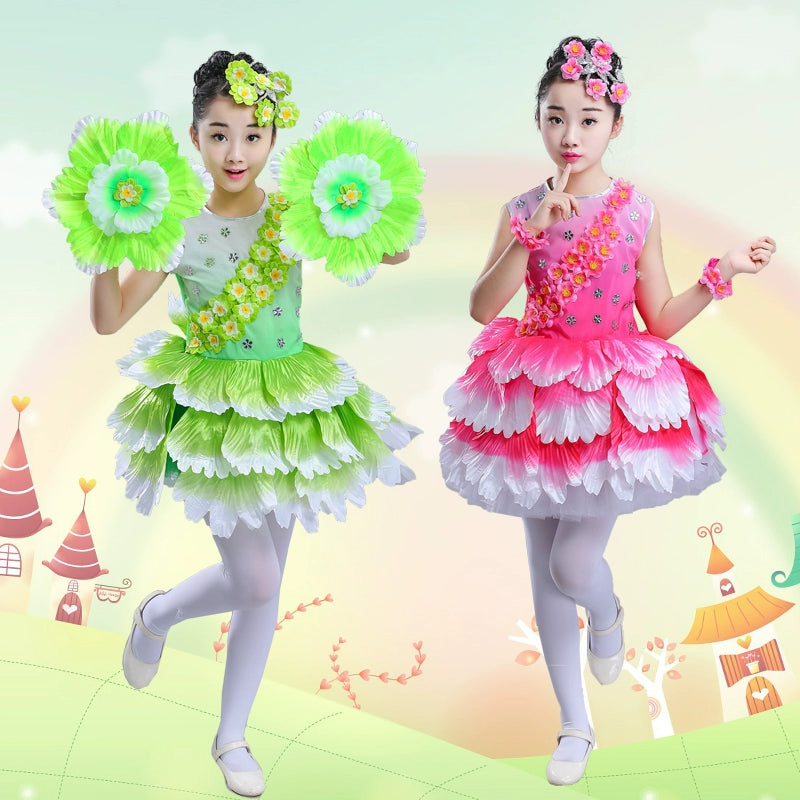 Children's Petal Pink Green Flowers Bloom Jazz Dance Dress Choir Opening Dance Performance Clothes Jasmine Peach Blossoms Fairy Cosplay Wear - Moderndancedress.com