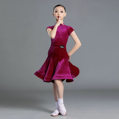 Latin Dance Competition dresses for kids girls wine green Short Sleeves Standard ballroom latin Competition Suit