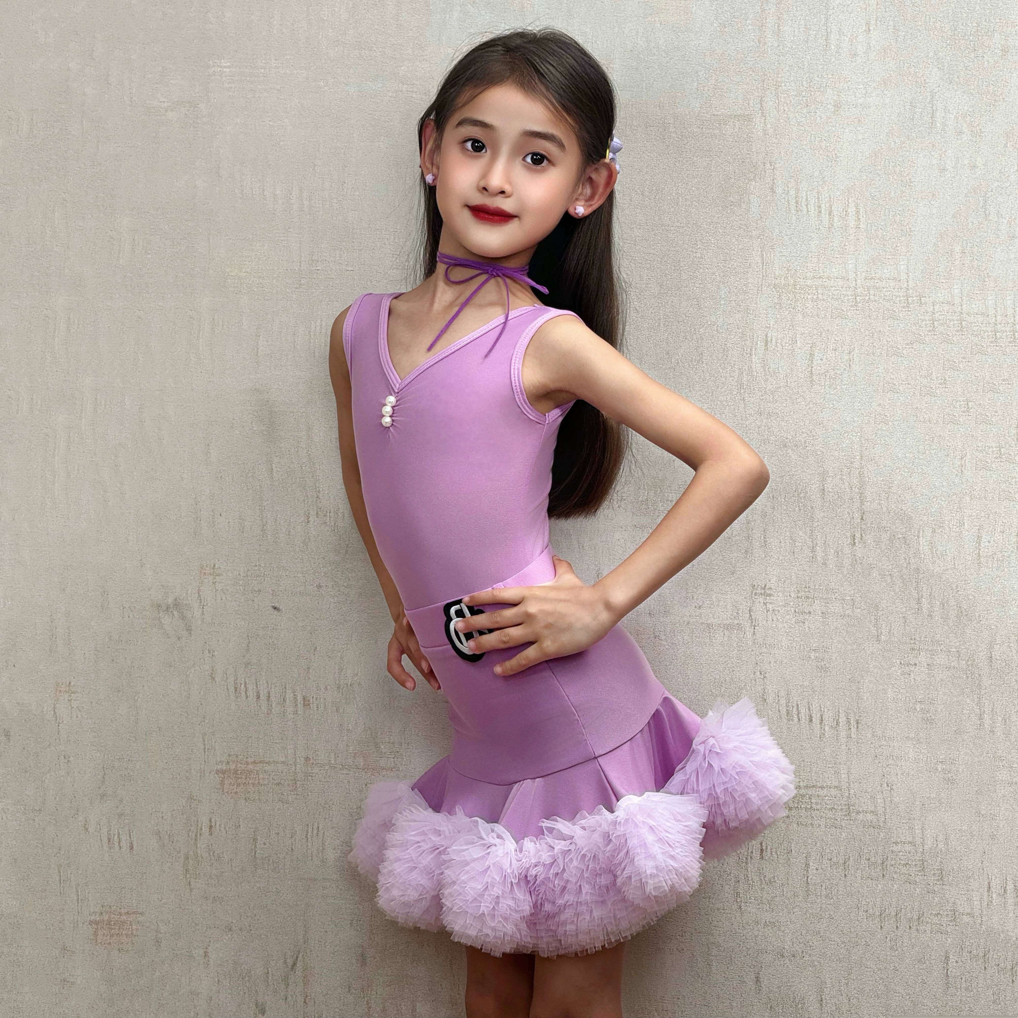 Yellow Girls Latin Dance Dresses Kids White Purple Ruffless Salsa Rumba Chacha Dance Costumes - Moderndancedress.com