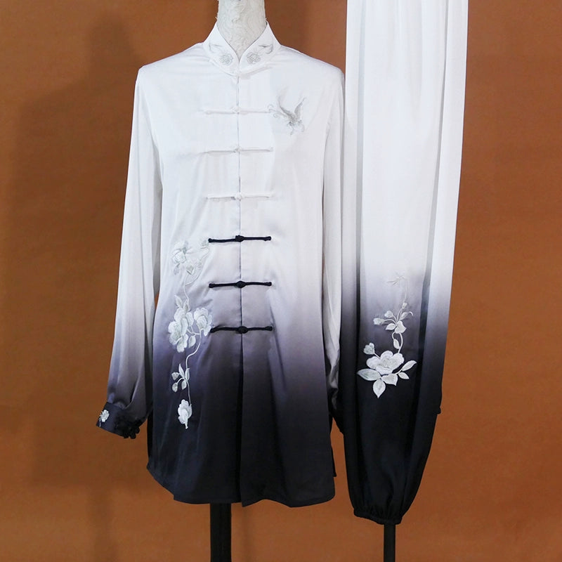 Custom size embroidered black and white competition tai chi clothing chinese kungfu performance uniforms team qigong fitness suit for women - Moderndancedress.com