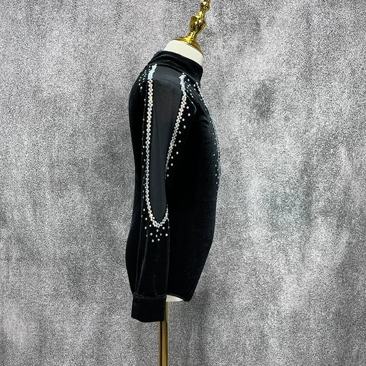 Children's Latin Dance Shirts Boys Black Velvet Rhinestones Ballroom Latin Grading Competition Performance Tops Modern Dance Shirt for Kids - Moderndancedress.com