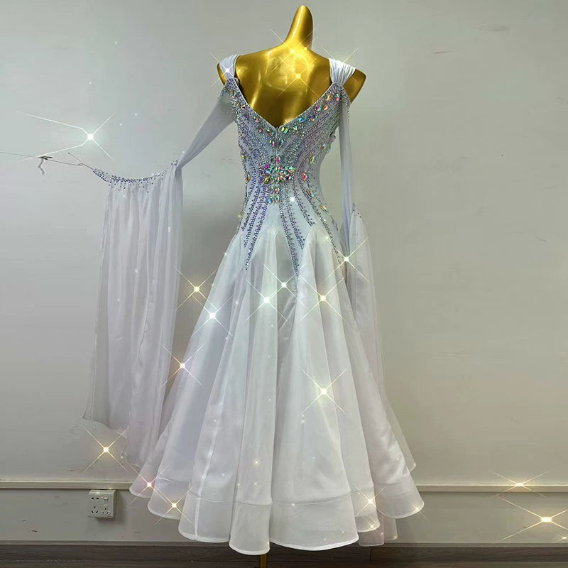 Custom Size Diamond White Competition Ballroom Dance Dresses for Women Girla Waltz Tango Performance Long Gown - Moderndancedress.com