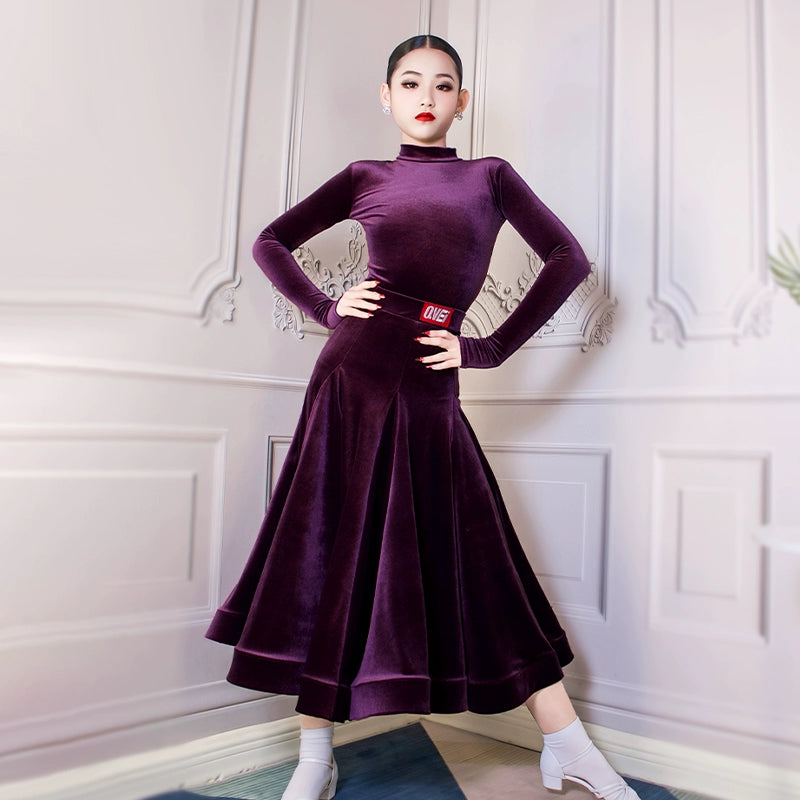 Girls Blue Purple Grey Velvet Ballroom Latin Dance Dresses for Kids Children  Competition Professional Performance Long Skirts for Children - Moderndancedress.com
