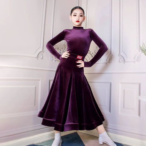 Girls Blue Purple Grey Velvet Ballroom Latin Dance Dresses for Kids Children  Competition Professional Performance Long Skirts for Children - Moderndancedress.com