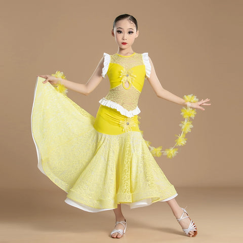 Yellow modern ballroom dance dresses for girls kids lace national standard waltz tango professional competition big skirt - Moderndancedress.com