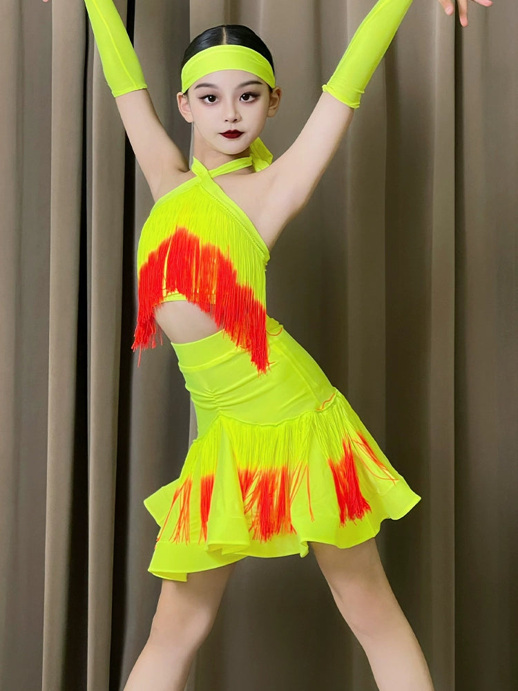 Pink Neon Green Red Fringe Latin Dance Dresses for Girls Kids Salsa Rumba Chacha Halter Neck Performance Clothing for Children - Moderndancedress.com