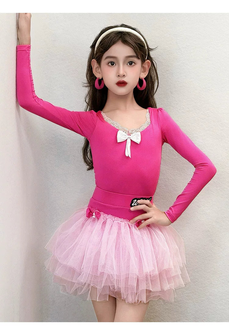 Girls Pink Latin Dance Dress | Hot Pink Salsa Chacha Dance Leotard Set