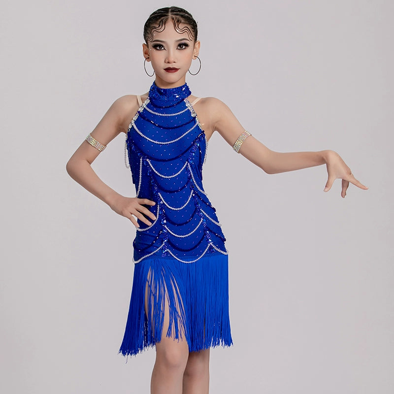 Custom Size Rhinestones Royal Blue Fringe Competition Latin Dance Dresses for Girls Kids Salsa Rumba Chacha Tassel Professional Art Test Dance Skirts - Moderndancedress.com