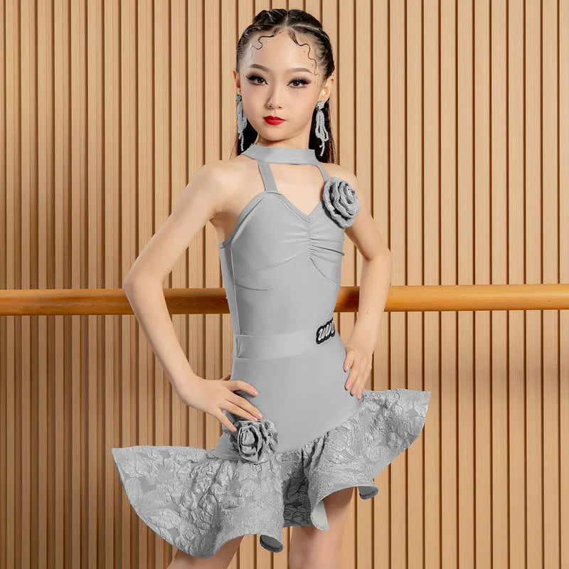 Pink Flowers Latin dance dresses for kids children girl black practice outfits performance costumes for girls - Moderndancedress.com