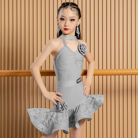 Pink Flowers Latin dance dresses for kids children girl black practice outfits performance costumes for girls - Moderndancedress.com