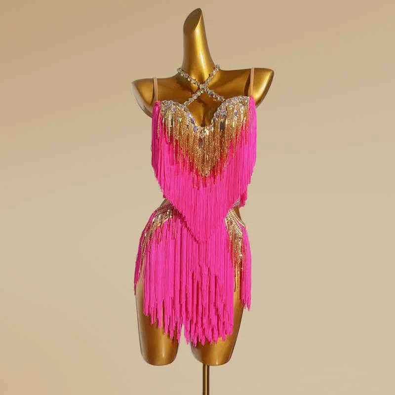 Custom Size Royal Blue Pink Competition Latin Dance Dresses for Women Girls Bling Fringe