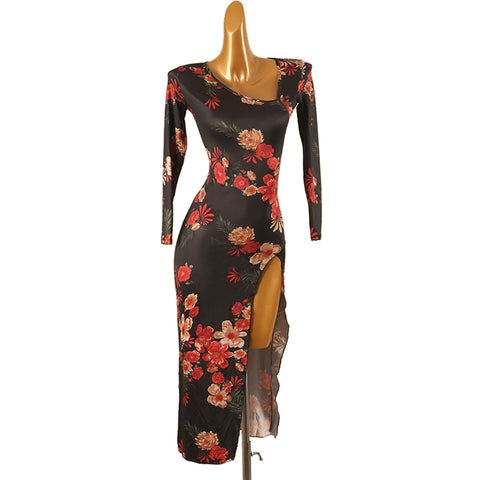 Women Girls Slant-neck Long Latin Dance Dress Black Blue Floral Ballroom Waltz Tango Performance Costumes High Split  Rumba Salsa Chacha Dancing Outfits - Moderndancedress.com