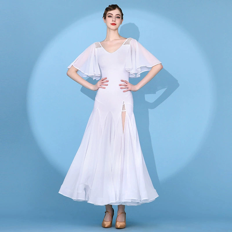 Flying sleeve red black white ballroom dance dress for women girls side slit modern waltz tango foxtrot smooth waltz practice gown Moderndancedress.com Flying sleeve red black white ballroom dance dress for women girls side slit modern waltz tango foxtrot smooth waltz practice gown Moderndancedress.com