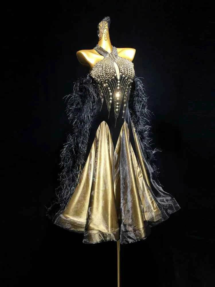 Custom Size Black Gold  Velvet Ballroom Dance Dress Feather Float