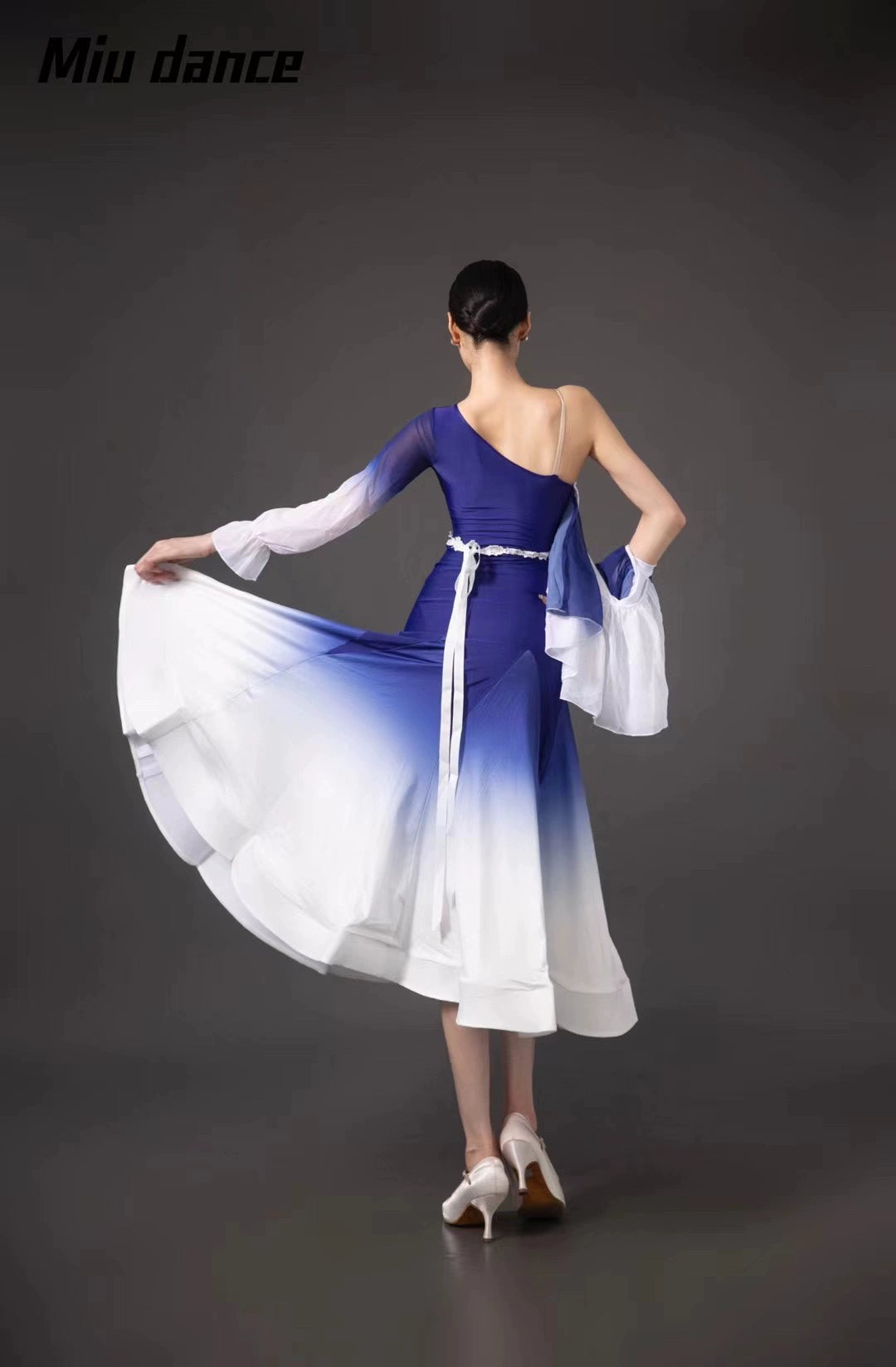 Blue Gradient modern Ballroom dance dresses for women girls one shoulder slant neck tango waltz foxtrot smooth dance fishbone skirt with belt - Moderndancedress.com