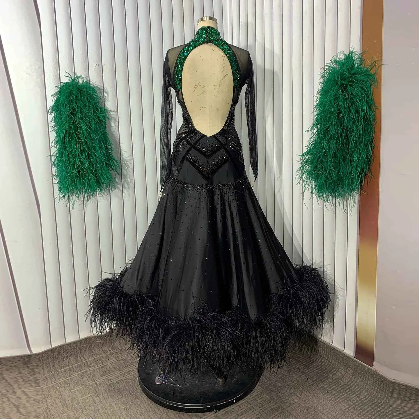 Custom Black with Green Crystal Competition Ballroom Dance Dress Feather Float Waltz Tango Gown
