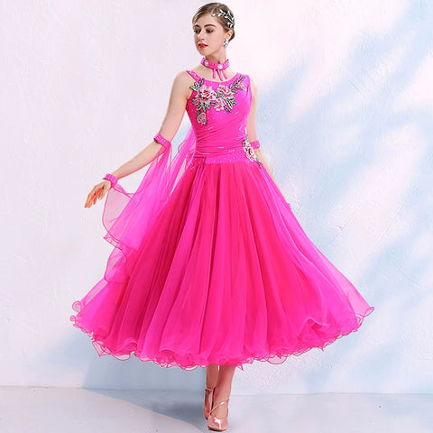Modern ballroom competition dance dresses for women girls pink blue yellow big swing skirt national tango foxtrot waltz performance clothes - Moderndancedress.com