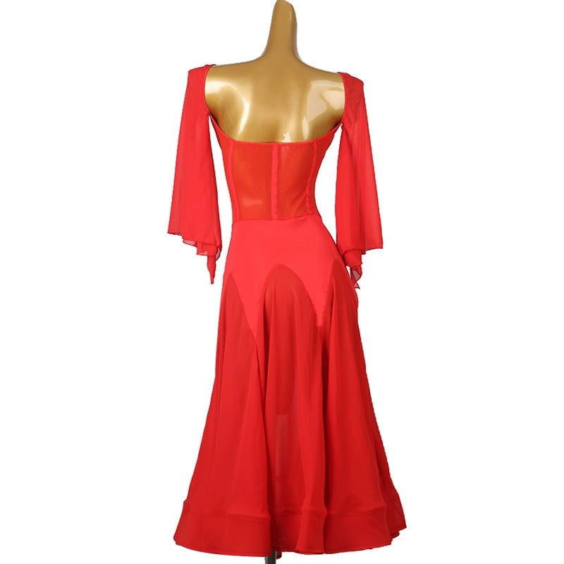 Red Ballroom Dance Dresses for Women Girls Modern Flare Sleeves Waltz Tango Foxtrot Smooth Dance Long Gown Flamenco Dancing Clothes - Moderndancedress.com