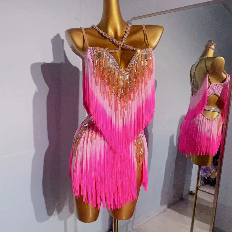 Customized size Pink Gradient fringe Competition latin dance dresses for women girls handmade professional salsa rumba dance bling costumes - Moderndancedress.com