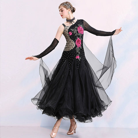 One Shoulder Black Ballroom Dance Dresses for Women Girls Rose Flowers Adult Female National Standard Social Dance Waltz Tango Performance Gown - Moderndancedress.com