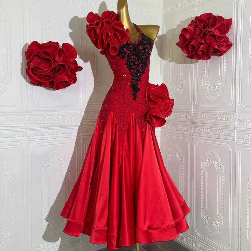 Custom Size Competition Ballroom Dance Dresses for Women Girls Waltz Tango Performance Long Gown with Hand Flowers