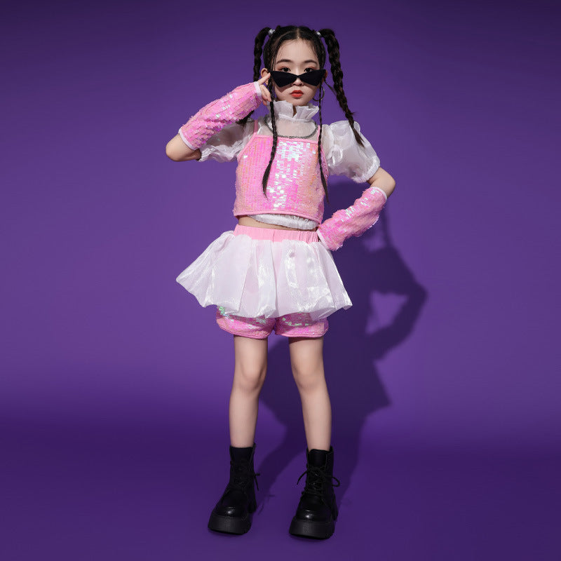 Girls Hiphop Dance Costumes Pink Sequins Runway Catwalk Event Party Gogo Dancers Performance Outfits for Kids - Moderndancedress.com