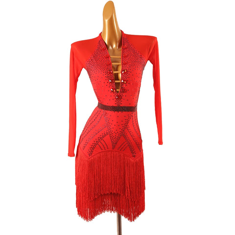 Red Fringe Competition Latin Dance Dresses for Women Girls Crystal Long Sleeves Salsa Rumba Chacha Professional Salsa Rumba Dancing Costumes
