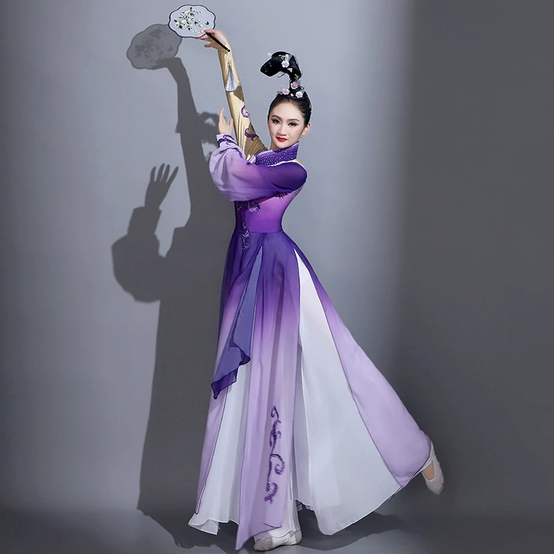 Violet chinese folk classical dance costume for women girls ancient traditional hanfu fairy dress umbrella art test fan dance clothes - Moderndancedress.com