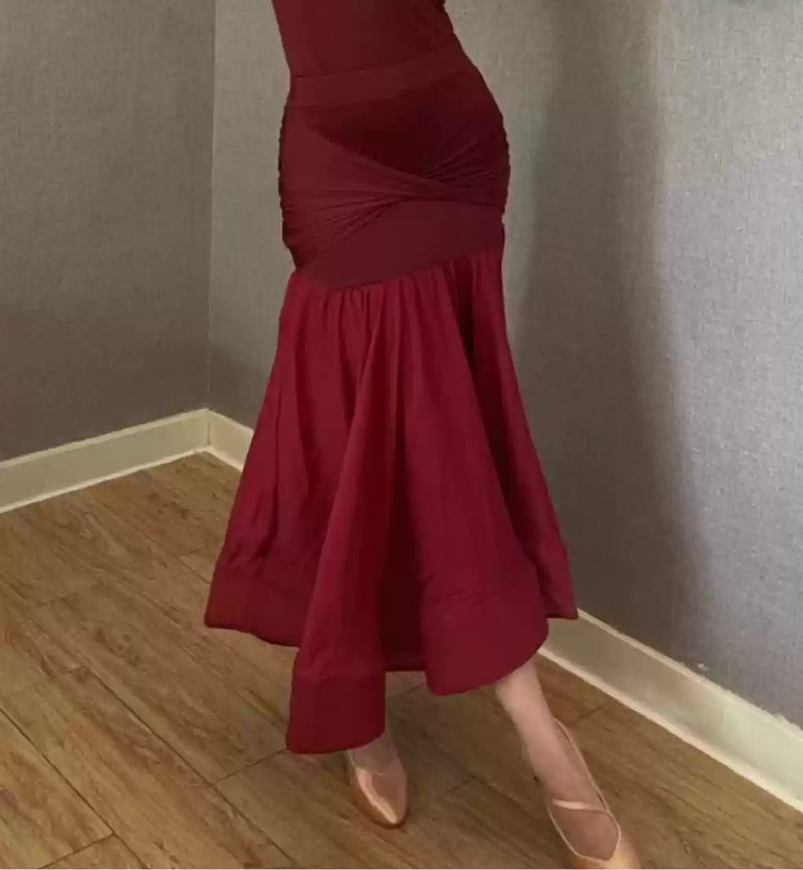 Women girls One Shoulder Slant Neck Flowers Ballroom Dance Dresses  Burgundy Black Waltz Tango Foxtrot Smooth Dance Rhythm Performance Long Skirts - Moderndancedress.com