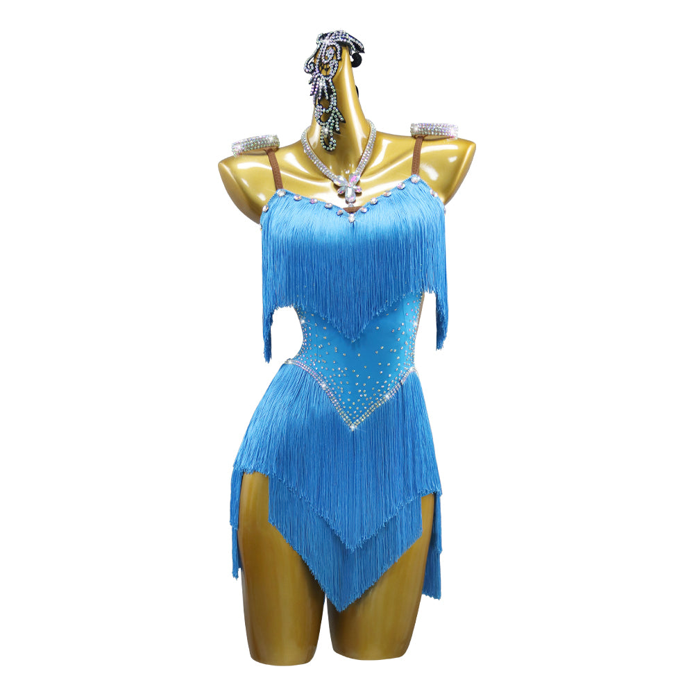 Turquoise Blue Competition Latin Dance Dresses for Women Girls Fringe Salsa Rumba Chacha  Latin Dance Outfits