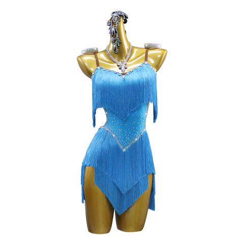 Turquoise Blue Competition Latin Dance Dresses for Women Girls Fringe Salsa Rumba Chacha  Latin Dance Outfits