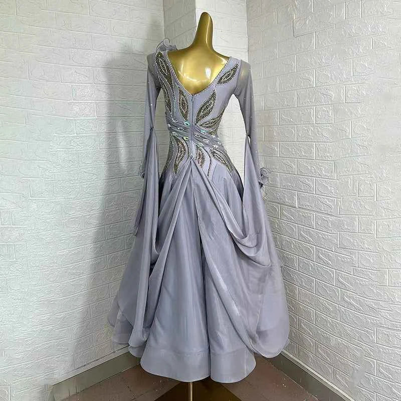 Customized Size Silver Competition Ballroom Dance Dresses for Women Girls Waltz Tango Rhythm Social Dance Gown