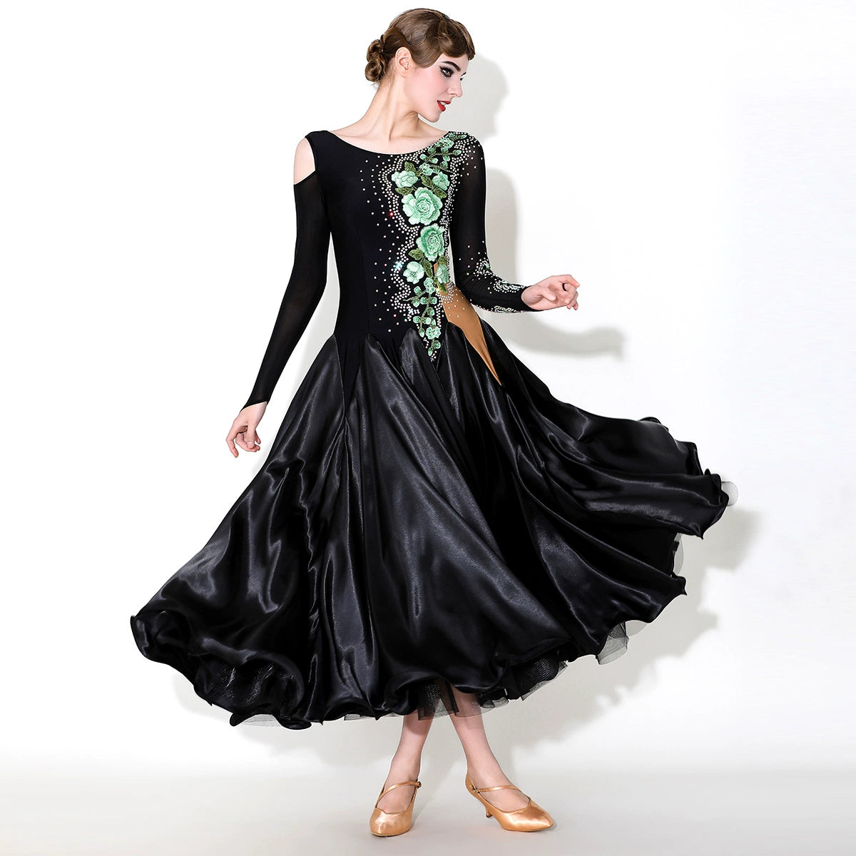 Green Peony Flower Ballroom Dance Dress for Women Girls Slant Neck Rhythm Smooth Waltz Tango Satin Gown - Moderndancedress.com
