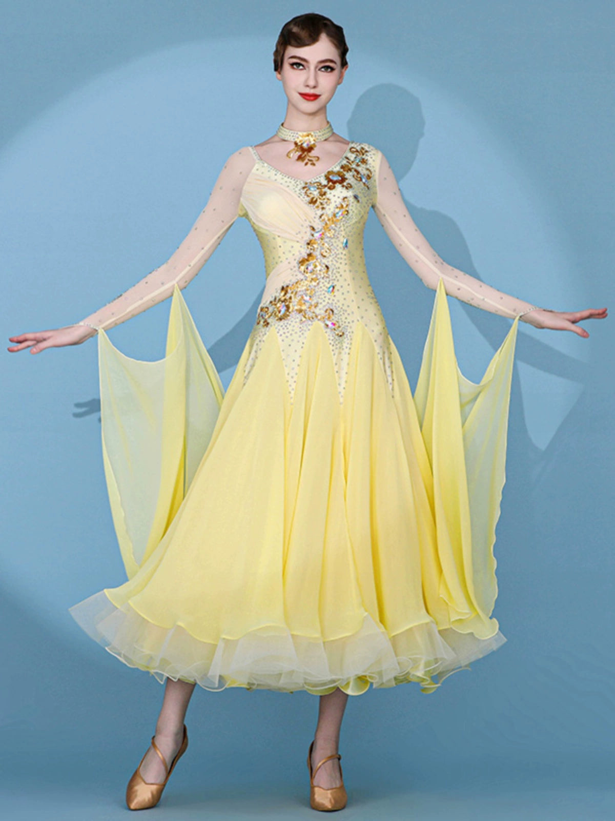Custom size yellow competition ballroom dance dresses for women girls kids gemstones senior waltz tango foxtrot smooth dance gown - Moderndancedress.com