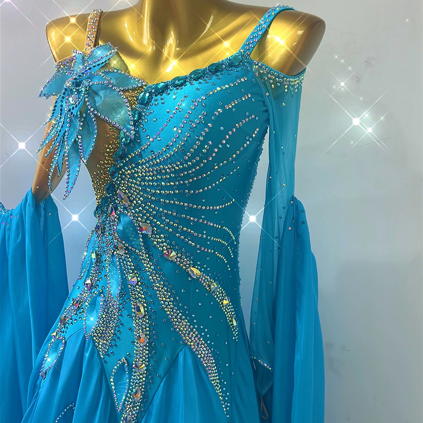 Custom Turquoise Competition Ballroom Dance Dress with 3d Petal Flowers Waltz Tango Smooth Dance Gown