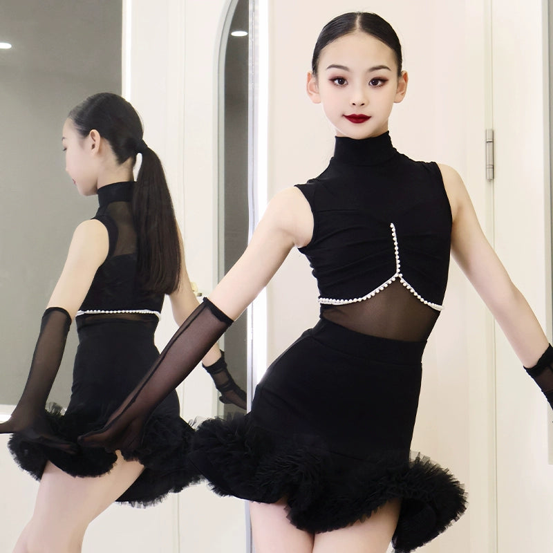 Girls Latin Dance Dresses Kids Pink Black Ruffles Salsa Rumba Ballroom Performance Costumes - Moderndancedress.com
