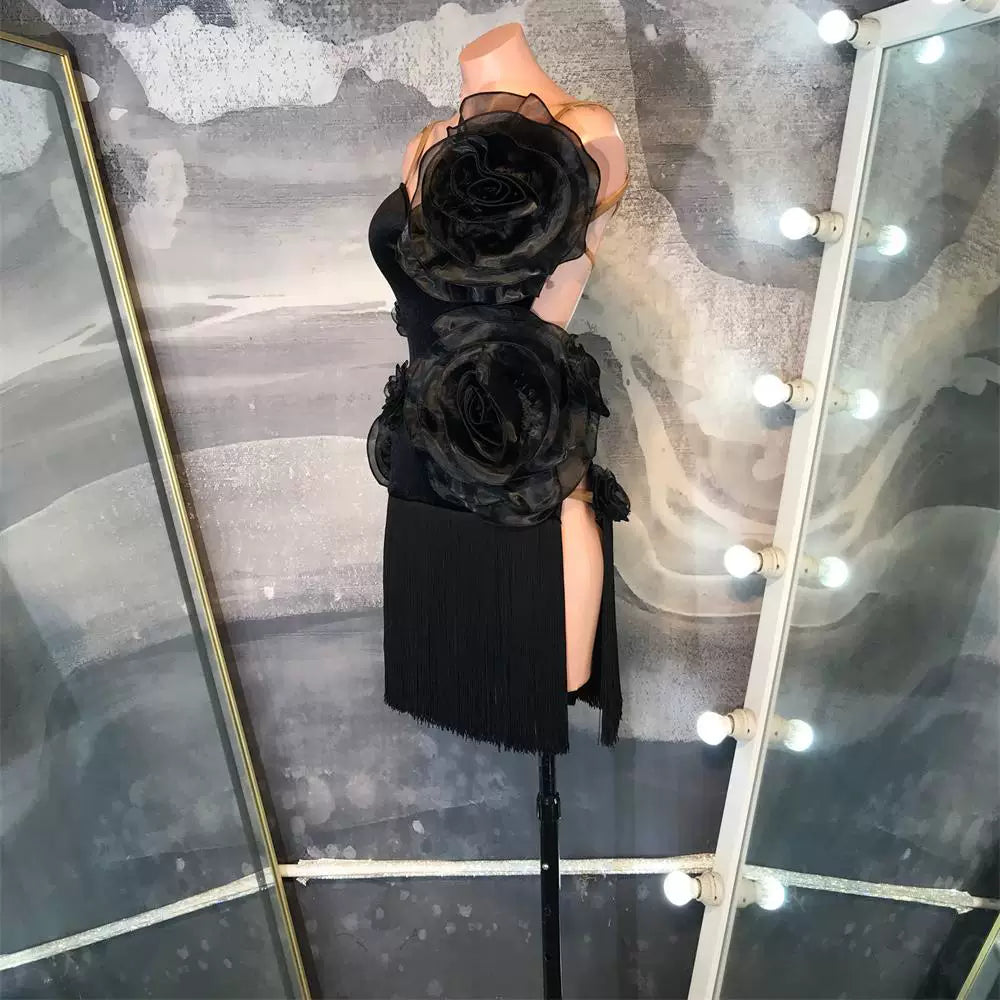 Custom Black Velvet Latin Dance Dress with Fringe & 3D Flowers | Salsa Ballroom Outfit