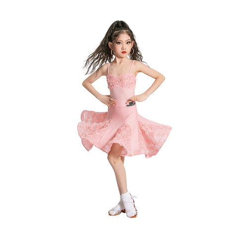 Children's pink rose flowers latin dance dresses girls salsa rumba chacha dance outfits flower dance wear for kids - Moderndancedress.com