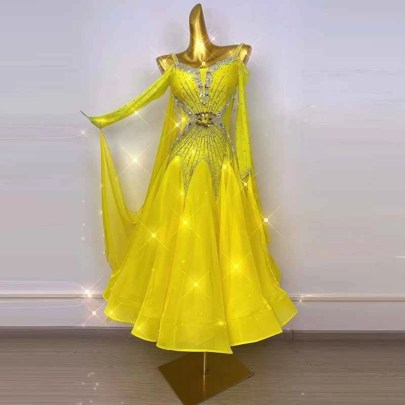 Custom Size Competition Ballroom Dance Dresses for Women Girls Yellow Waltz Tango Foxtrot Dance Long Gown