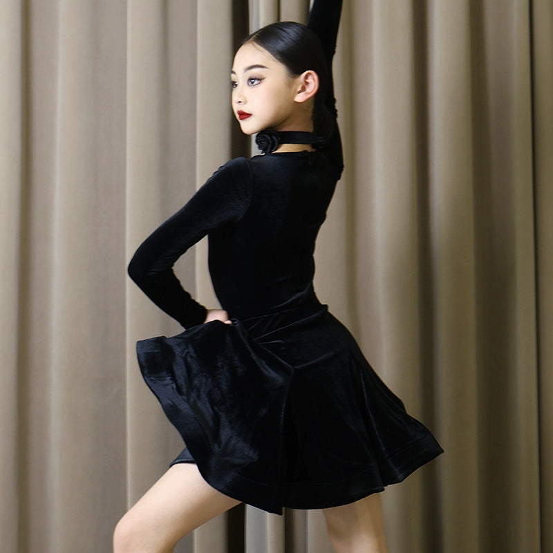 Latin Dance Dresses for Girls Kids Velvet Wine Black Salsa Rumba Chacha Performance Costumes for Children - Moderndancedress.com