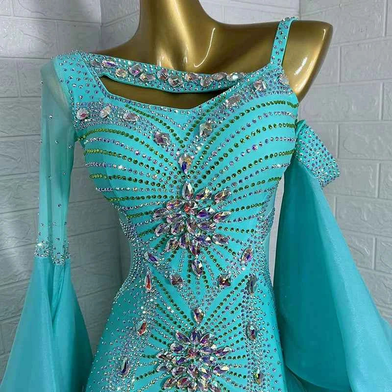 Custom Size Women's Blue Ballroom Dance Dress Competition Waltz Long Skirt