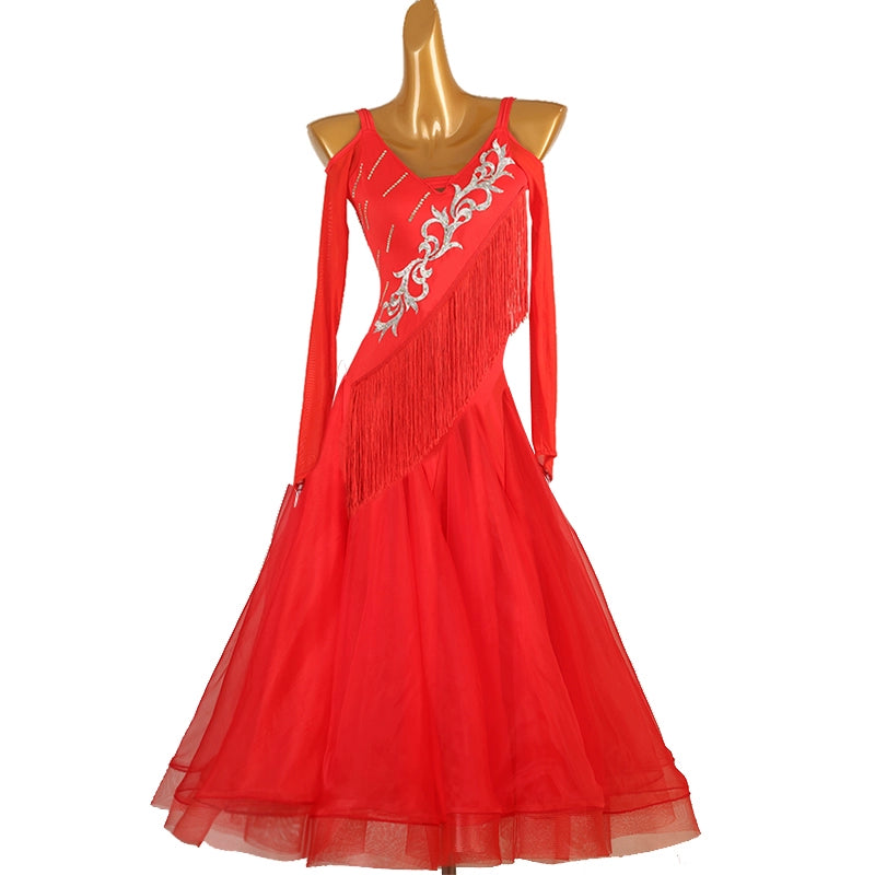 Red Silver Pattern Ballroom Dance Dress for Women Waltz Tango Black Fringed Rhythm Performance Long Gown - Moderndancedress.com