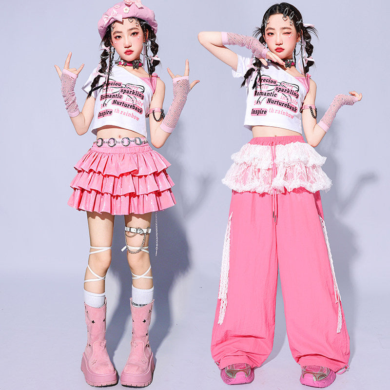 Girls Pink Jazz Dance Costumes K-Pop Dance Outfits - Tiered Mini Skirt Cargo Pants & Crop Top
