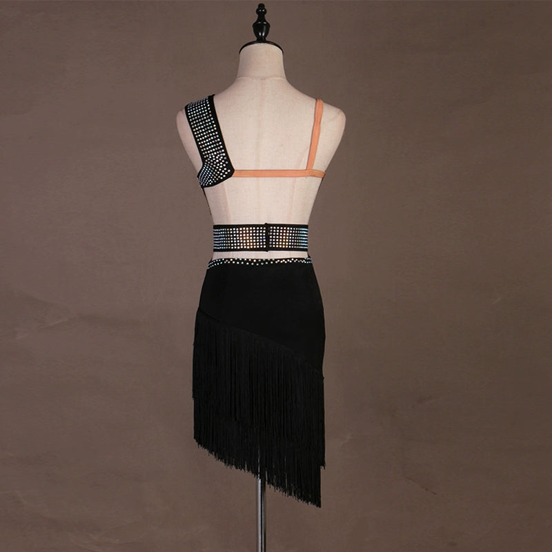 Black violet diamond-inlaid Latin dance dress competition professional sexy fringed latin rumba chacha dance dress can be customized - Moderndancedress.com