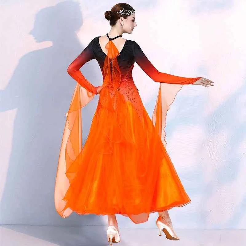Orange Gradient Ballroom Dance Dresses for Women Girls Blue Violet Foxtrot Rhythm Waltz Tango Dancing Gown