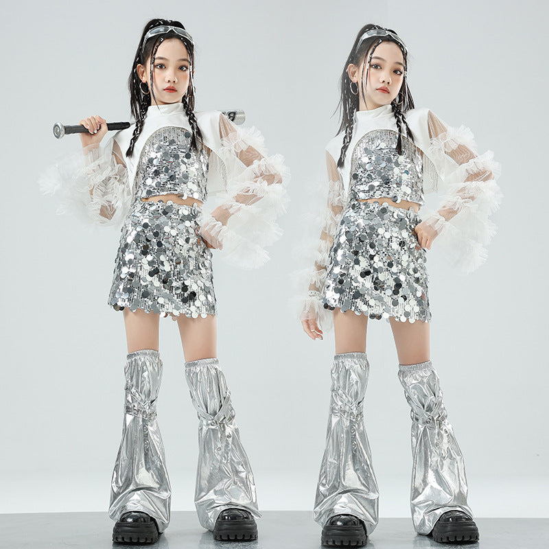 Girls Hiphop Dance Costumes Silver Sequins Glitter Jazz Rappers Singers Gogo Dancers Dance Outfits for Kids - Moderndancedress.com