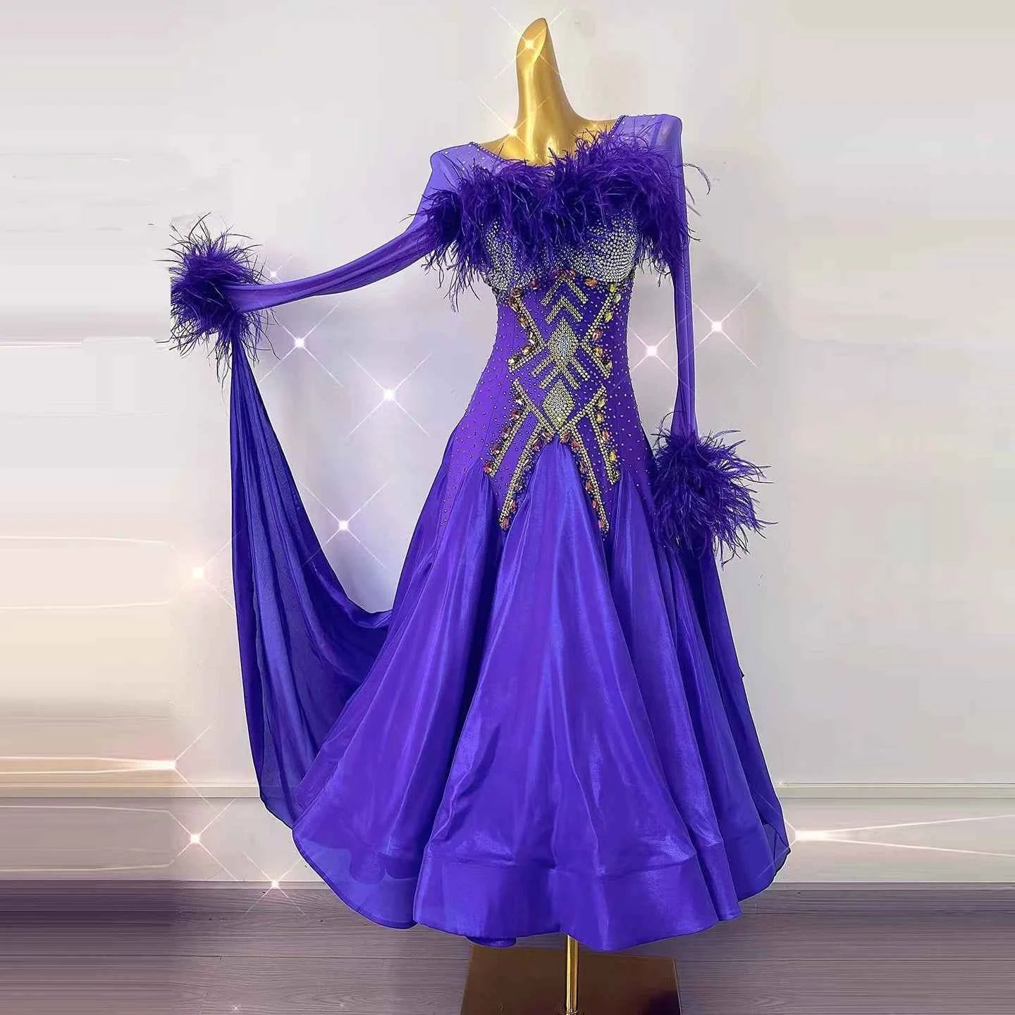 Customized Violet Ballroom Dance Dress Gold Crystal with Ostrich Feather Waltz Tango Competition Gown