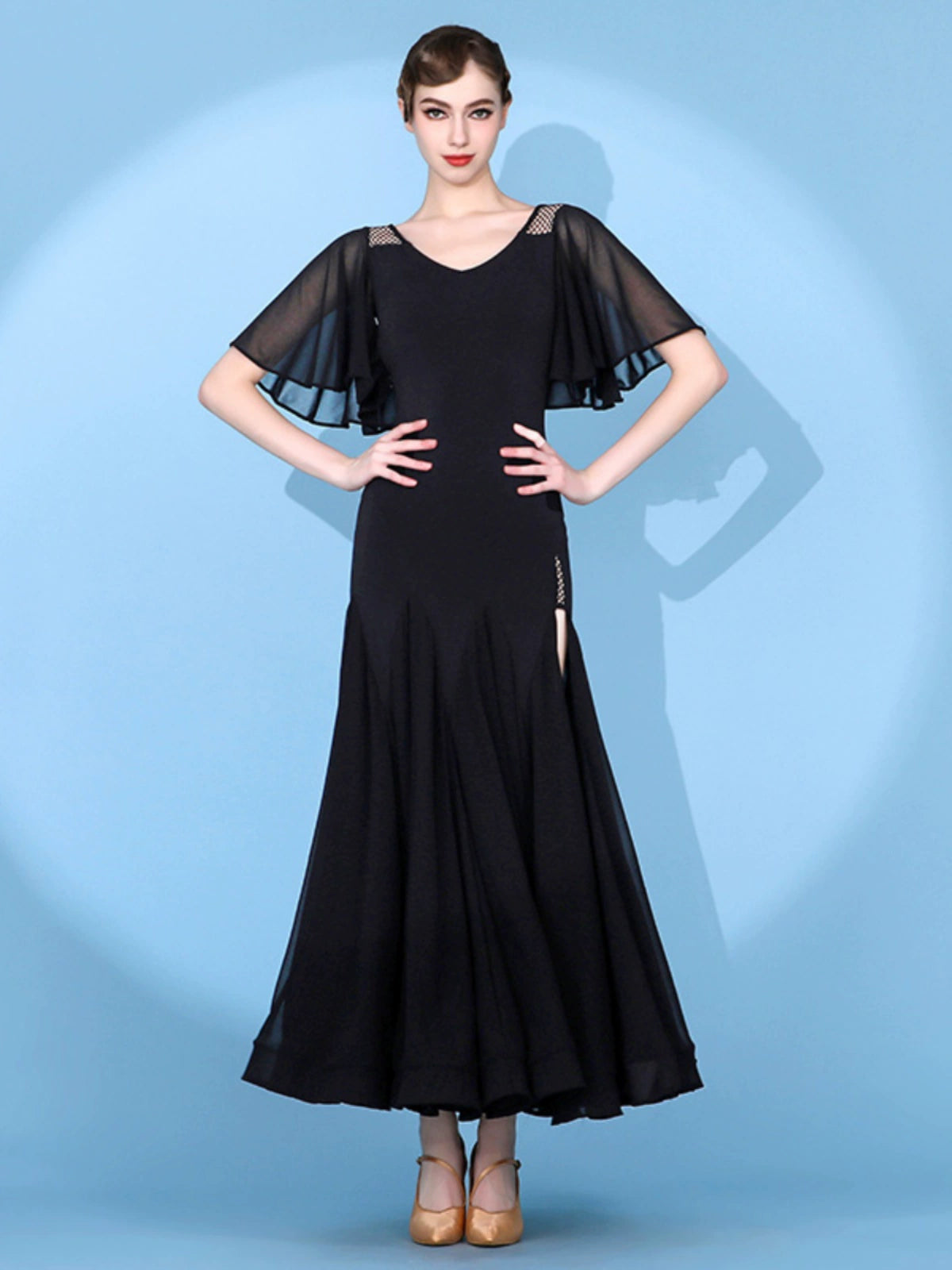Flying sleeve red black white ballroom dance dress for women girls side slit modern waltz tango foxtrot smooth waltz practice gown –