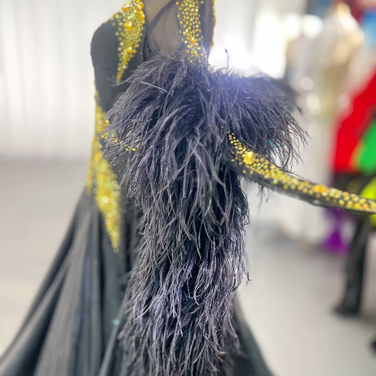 Custom Black and Gold Ballroom Competition Dress with Feathers