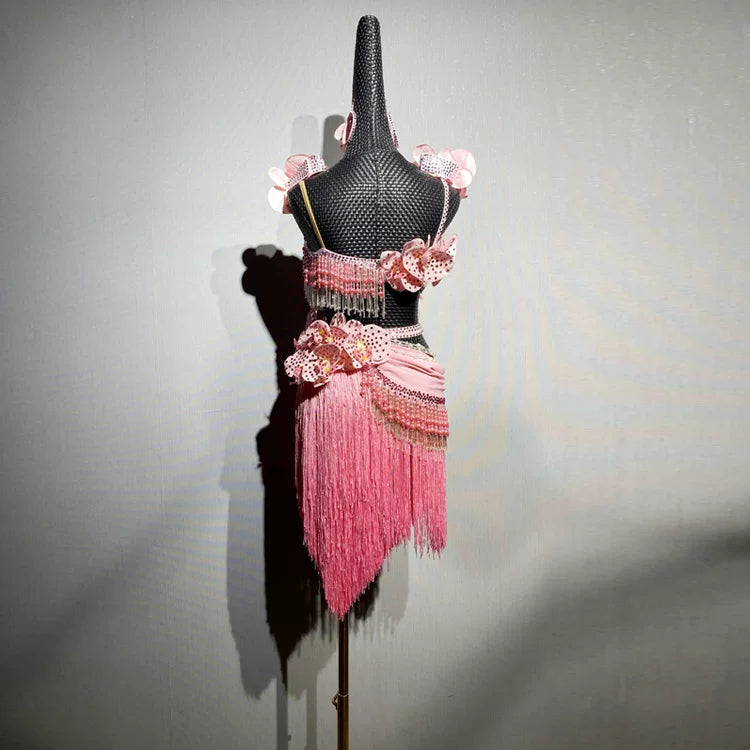 Custom Pink Floral Latin Performance Dress - Luxury 3D Orchid & Rhinestone Ballroom Wear